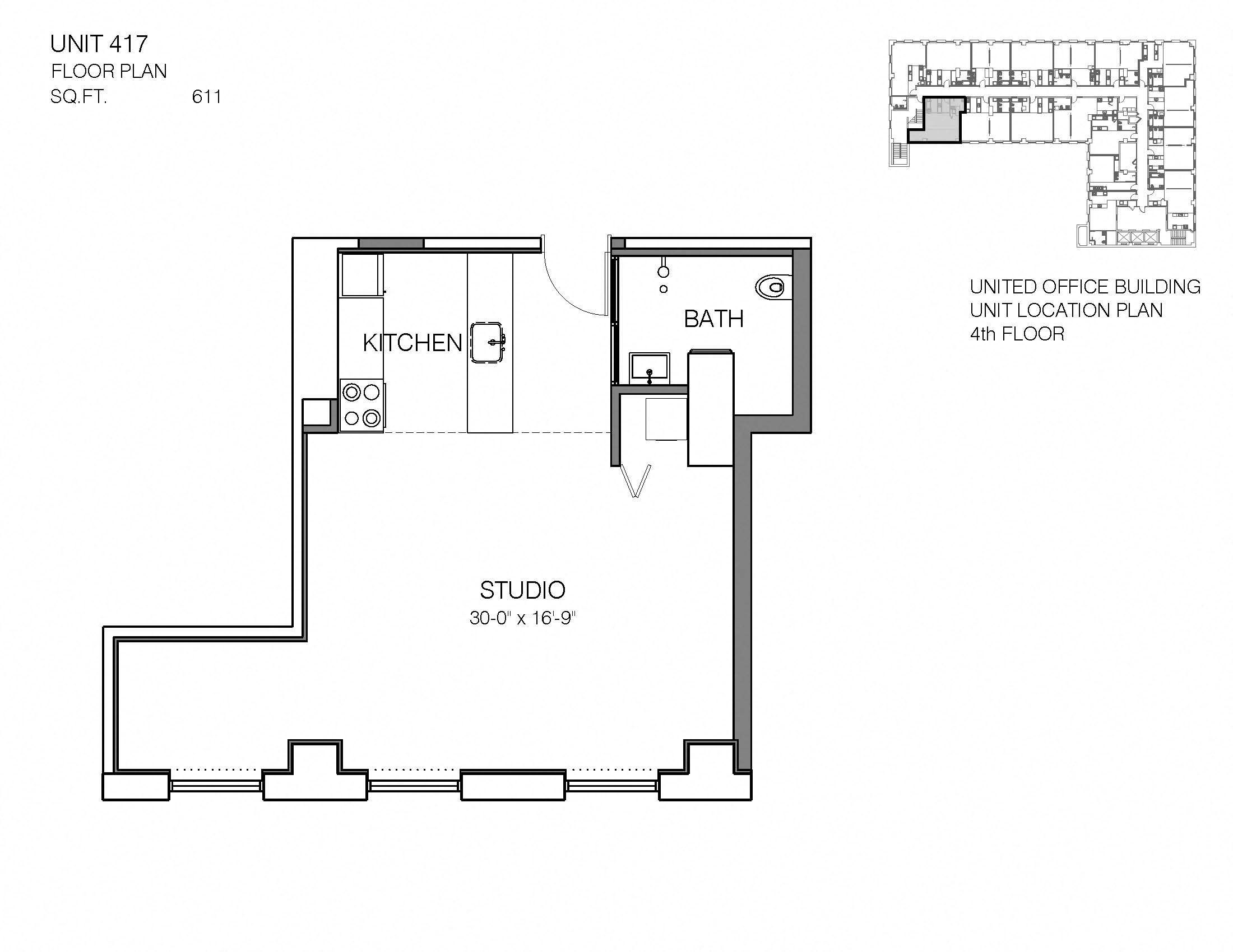 Floor plan for studio, 1 bath, 611 sqft